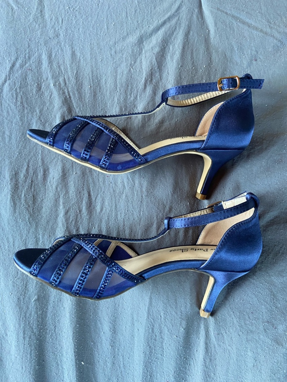 Navy T-Strap Evening Heels with Crystal Accents